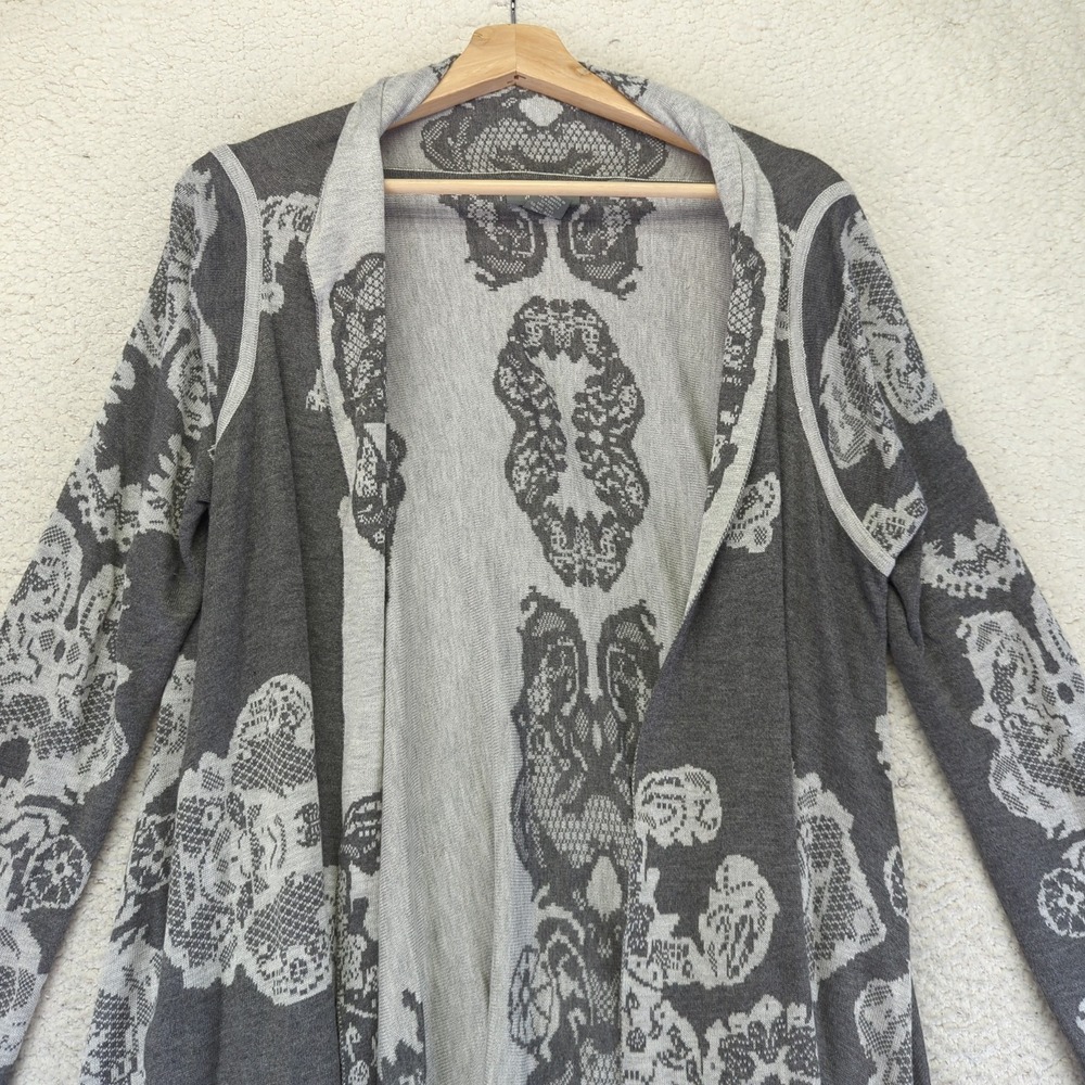 Neiman Marcus Gray Lace Print Waterfall Cardigan Sweater Duster Open Front Large - Picture 7 of 11